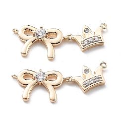 Настоящее золото 18K Латунные прозрачные подвески из кубического циркония, без кадмия, без никеля и без свинца, Bowknot & crown, реальный 18 k позолоченный, 9.5x26x2.5 мм, Отверстие : 0.7 мм & 0.8 мм