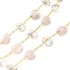 Розовый Кварц Цепочки из бусин из натурального розового кварца, изготовленные вручную из самородков., пайки, с бусинами из стекла в форме бабочек и фурнитурой из латуни с покрытием из стойки, долговечный, без свинца и без кадмия, с катушкой, реальный 18 k позолоченный, 7~13x4.5~8x4~7 мм