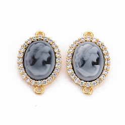 Серый Латунные прозрачные соединители с кубическим цирконием, cmолой, без никеля , овальные с женщиной, реальный 18 k позолоченный, серые, 22x14x4 мм, отверстие : 1.5 мм