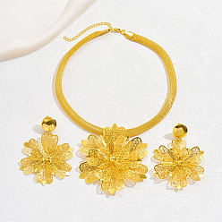 Real 18K Gold Plated Iron Filigree Flower Jewelry Set, Pendant Necklaces & Dangle Stud Earrings, Real 18K Gold Plated, 410mm, 80x60mm