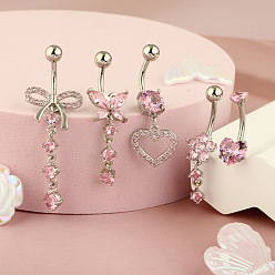 Bowknot 1pc 304 из нержавеющей стали, розовые стразы, изогнутые, свисающие кольца для живота, цвет нержавеющей стали, бантом, 10x5 мм, штифты : 1.6 мм