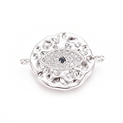 Платина Соединители из латуни с микропаве и кубическим цирконием, Плоский круглый и глазный, прозрачного и черного, платина, 15x20x2.5 мм, отверстие : 1.2 мм