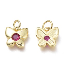 Fuchsia Brass Micro Pave Cubic Zirconia Pendants, with Jump Rings, Butterfly, Real 18K Gold Plated, Fuchsia, 9x10x2mm, Hole: 3.6mm