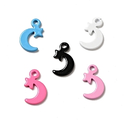 Mixed Color Spray Painted 201 Stainless Steel Charms, Moon with Star Charms, Mixed Color, 12x7x1mm, Hole: 1.2mm