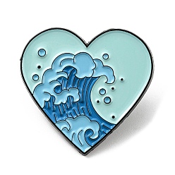 Aquamarine Heart with Wave Enamel Pin, Electrophoresis Black Alloy Brooch for Backpack Clothes, Aquamarine, 28.5x30x1.6mm