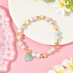 Небесно-голубой Браслеты с подвесками в виде сердца с глазом из сплава и эмали, Комплект из синтетических браслетов с бирюзой и латунными бусинами, окрашенных в запекаемый цвет, для женщин, голубой, внутренний диаметр: 2-1/2 дюйм (6.5 см)