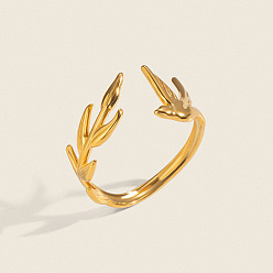 Real 18K Gold Plated 304 Stainless Steel Cuff Open Rings for Women, Leaf with Pigeon, Real 18K Gold Plated, 10.6mm, US Size 8 1/2(18.5mm)