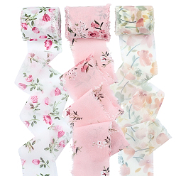 (52) Непрозрачная лаванда 3 рулоны 3 стили, цветочный узор, полиэстеровая лента, бахрома с необработанными краями, для свадебных приглашений, букеты, Подарочная упаковка, разноцветные, 1-5/8~1-3/4 дюйм (40~43 мм), около 5.47 ярдов (5 м) / комплект