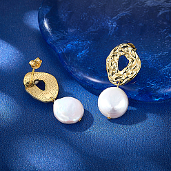 Oro Estilo martillado 925 aretes colgantes de plata de ley, pendientes de perlas naturales, plano y redondo, dorado, 35 mm, colgante: 14 mm de ancho