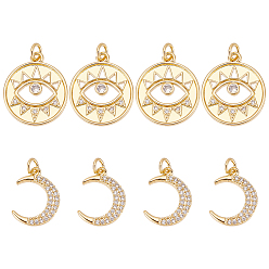 Настоящее золото 18K 8 шт 2 стиль стойка покрытие латунь микро паве кубический цирконий подвески, чары луны и глаз, долговечный, без кадмия и без свинца, с целью перехода в кольце, реальный 18 k позолоченный, 16~20.5x12.5~17.5x2 мм, отверстие : 3 мм, 4 шт / стиль