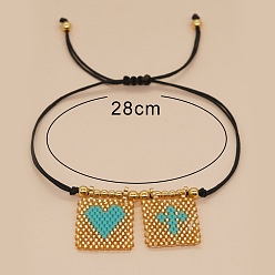 Бирюза Богемные стеклянные браслеты с подвесками из бисера, плетеные браслеты из синтетического шнура для женщин, прямоугольник с крестом и сердцем, с 304 из нержавеющей стали бусы, бирюзовые, 11.02 дюйм (28 см)