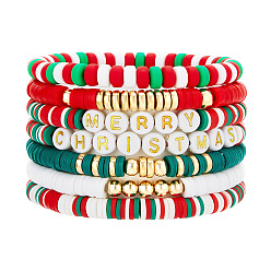 Красный 7 Набор эластичных браслетов из полимерной глины и пластика CCB с рисунком «Счастливого Рождества» для женщин, красные, внутренний диаметр: 2.56~5.12 дюйм (6.5~13 см)