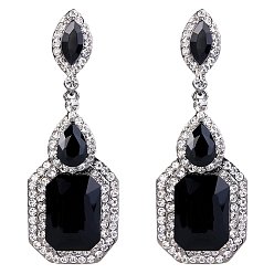 Черный Латунные горный хрусталь болтаться серьги, со стеклом, прямоугольные, цвет нержавеющей стали, чёрные, 60x23 мм