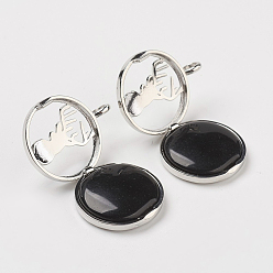 Black Agate Natural Dyed & Heated Black Agate Pendants, with Brass Diffuser Locket Finding, Flat Round with Christmas Reindeer/Stag, 31x26x8mm, Hole: 4mm