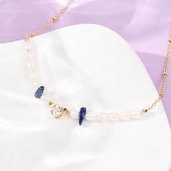 Lapis Lazuli Natural Lapis Lazuli Chip and Rice Natural Pearl Beaded Necklaces, Brass Pave Cubic Zirconia Necklaces, Real 18K Gold Plated, Long-Lasting Plated, Rack Plating, Lead Free & Cadmium Free, 14.96 inch(38cm)