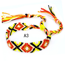 Orange Cotton Braided Rhombus Pattern Cord Bracelet, Ethnic Tribal Adjustable Brazilian Bracelet for Women, Orange, 5-7/8~14-1/8 inch(15~36cm)