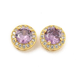Фиолетовый Многожильные звенья из латуни с паве из кубического циркония, плоско-круглые, реальный 18 k позолоченный, фиолетовые, 10.5x6.5 мм, отверстие : 1.6 мм