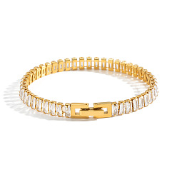 Doré  304 Bracelet de tennis rectangulaire en acier inoxydable pavé transparent avec zircon cubique pour femme, or, 3 pouce (6.69 cm)