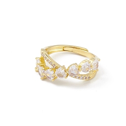 Настоящее золото 18K Кольцо из прозрачного кубического циркония в форме сердца, регулируемое крест-накрест, украшения из латуни для женщин, без свинца и без кадмия, реальный 18 k позолоченный, внутренний диаметр: 18 мм