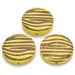 Желтый Расписные бусы из натурального дерева, лазерная гравировка, плоский круглый с зеброй, желтые, 30x5 мм, отверстие : 1.6 мм