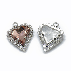Светлый Бургундский Стеклянные стразы подвески, с латунной фурнитурой платинового цвета, сердце, светлый бордовый, 21x16.5x6 мм, отверстие : 2 мм