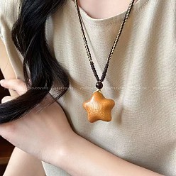 Star Wood Pendant Adjustable Cotton Cord Long Necklaces for Women, Sandy Brown, Star, 27.56 inch(70cm)
