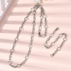 Нержавеющая Сталь Цвет 304 Набор украшений из браслета и ожерелья из нержавеющей стали с цепочкой в форме сердца, с карабин-лобстерами , цвет нержавеющей стали, 595 мм