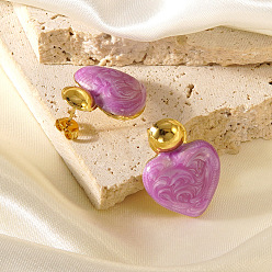 Орхидея День святого Валентина 304 Серьги-гвоздики из нержавеющей стали и эмали, сердце, золотые, сиреневые, 25.4x18.5 мм