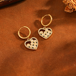 Oro 304 Pendientes de aro en forma de corazón de acero inoxidable con circonitas cúbicas transparentes para mujer, Pendientes de cristal, dorado, 26.7x16.5 mm