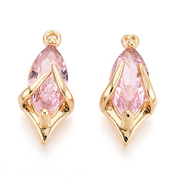 Pink Латунь прокладывает кубические циркониевые прелести, овальные, реальный 18 k позолоченный, розовые, 15x7x5 мм, отверстие : 0.6~1 мм