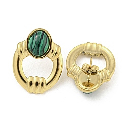 Malachite Real 18K Gold Plated 304 Stainless Steel Oval Stud Earrings, with Synthetic Malachite, 26x20mm