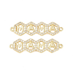 Шестиугольник Подвеска-коннектор из латуни с микропаве и прозрачными кубическими циркониями ко Дню матери., слово мама чары, долговечный, стойки покрытие, без свинца и без кадмия, шестиугольник, 9.5x34x2 мм, отверстие : 1.2 мм