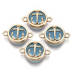 DodgerBlue Glass Links connectors, with Light Gold Plated Alloy Findings, Flat Round with Anchor, Light Sky Blue, 13.5x19.5x5.5mm, Hole: 1.6mm