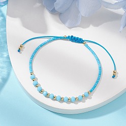 Голубой Стеклянные плетеные браслеты из бисера, рондель, с латунью и бисером, голубой, внутренний диаметр: 3-3/8~5-1/8 дюйм (8.5~13.1 см)