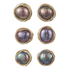 Золотой Плоские круглые серьги-гвоздики из натурального культивированного пресноводного жемчуга, С 304 результатами из нержавеющей стали, золотые, 10~11 мм