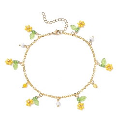 Золотистый Браслеты на ногу из латунной цепочки с кисточками из натурального гаулита и стеклянных бусин круглой огранки с цветком для женщин, золотые, золотые, 9-1/8~9-1/2 дюйм (230~240 мм)