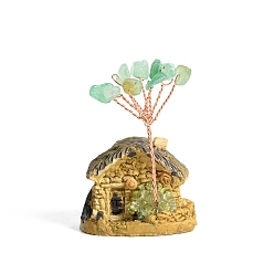 Зеленый Авантюрин Украшения дисплей смолы, энергетический камень рейки фэн-шуй украшение, с натуральным зеленым авантюрином и медной проволокой, дом, 38x30x55~65 мм