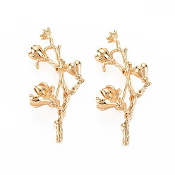Real 18K Gold Plated Brass Brooch Findings, For Half Drilled Beads, Leafy Branches, Nickel Free, Real 18K Gold Plated, 45x20x15mm, Pin: 0.8mm, Pin: 0.9mm(for Half Drilled Bead)