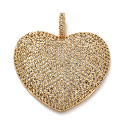 Настоящее золото 18K Латунные микропаве прозрачные подвески с фианитом, сердце прелести, стойки покрытие, прочное покрытие, без кадмия и без свинца, реальный 18 k позолоченный, 29x33x4.5 мм, отверстие : 3x5.5 мм