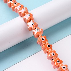 Orange Handmade Porcelain Ceramic Beads Strands, Famille Rose Style, Star with Evil Eye, Orange, 10.5x11x8mm, Hole: 3mm, about 32pcs/strand, 11.89~12.13 inch(30.2~30.8cm)