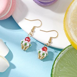 Зеленый лайм Висячие серьги из стеклянных бусин ручной работы в форме стаканчика мороженого для женщин, с 304 фурнитурой из нержавеющей стали, золотые, зеленый лайм, 35x12 мм