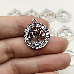Весы Подвески из сплава со стразами на тему созвездий, плоские круглые прелести, серебряные, Весы, 24x21 мм