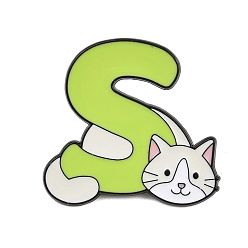 Letter S Эмалевые булавки, булавки для лацканов из сплава для одежды рюкзака, форма кошки с буквой, чёрные, Письмо с, 28x29.5 мм