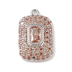 Light Salmon Rack Plating Brass Micro Pave Cubic Zirconia Pendants, Rectangle Charm, Cadmium Free & Lead Free, Long-Lasting Plated, Platinum, Light Salmon, 17x10x4mm, Hole: 1mm