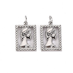 Stainless Steel Color Non-Tarnish 304 Stainless Steel Pendants, with Jump Rings, Rectangle with Women, Stainless Steel Color, 18x12x2.5mm, Jump Ring: 4.8x0.8mm, 3.2mm inner diameter