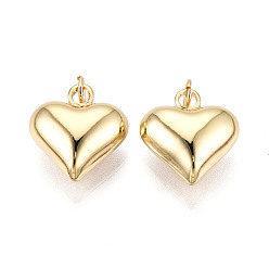 Настоящее золото 18K Стойки обшивки латунные подвески, надутые сердечки, без кадмия и без свинца, с целью перехода в кольце, реальный 18 k позолоченный, 17x15x7 мм, отверстие : 3 мм