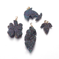 Colorful Electroplated Natural Druzy Quartz Pendants, with Brass Findings, Mixed Shapes, Golden, Colorful, 24~51x22~33x5~14mm, Hole: 5x7mm