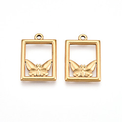 Настоящее золото 18K 304 подвески из нержавеющей стали, ионное покрытие (ip), прямоугольник с подвесками в виде бабочек, реальный 18 k позолоченный, 23x16.5x2.5 мм, отверстие : 1.6 мм