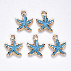 Deep Sky Blue Alloy Enamel Pendants, Starfish, Light Gold, Deep Sky Blue, 18x15x3mm, Hole: 2.5mm