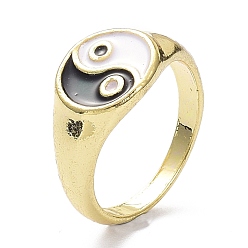 Black Yin Yang Pattern Alloy Enamel Finger Rings, Open Rings, Light Gold, Black, 2.5~11mm, US Size 7 1/4(17.5mm)